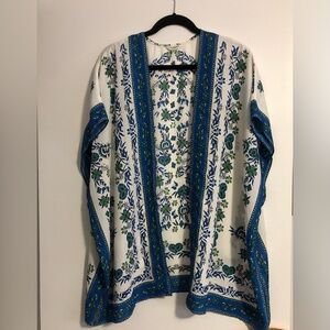 MaxStudio London Floral Open Front  White Blue Green KIMONO Cardigan NWOT